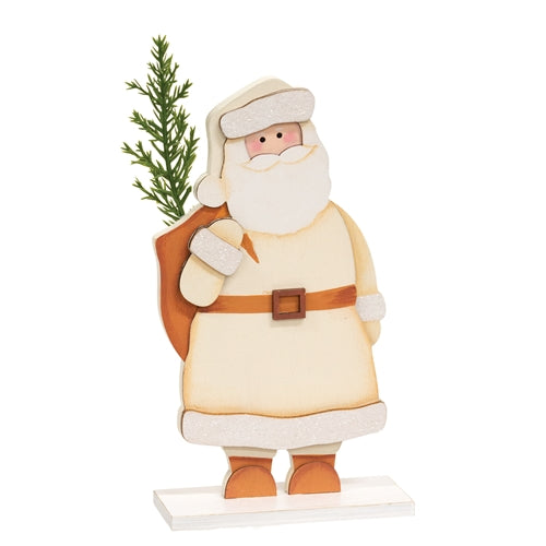 Glittered Ivory Wooden Santa With Greenery on Base