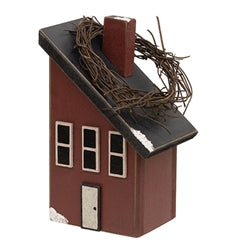 Wooden Snowy Slant Roof Red Saltbox House - 5.75"H