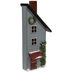 Wooden Snowy Blue Slant Roof Saltbox House - 14.25"H