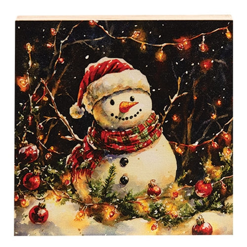 Snowman w/Snowy Ornaments & Lights Block - 5 In Sq
