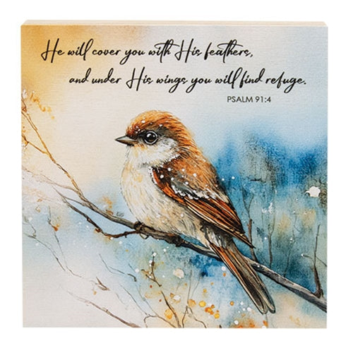 He Will Cover You Sparrow Block - 6" Sq.