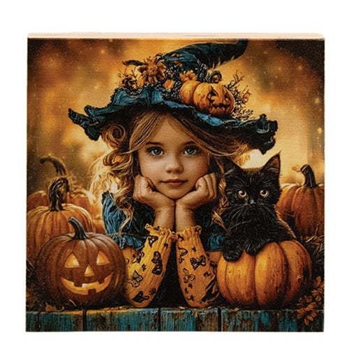 Little Girl Witch & Kitten With Jacks Block - 5" Sq.
