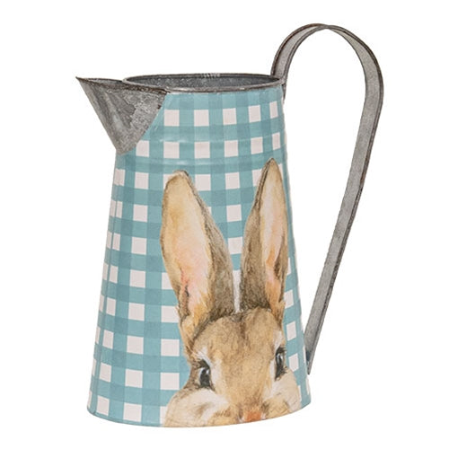 Blue & White Gingham Check Peeking Bunny Metal Pitcher