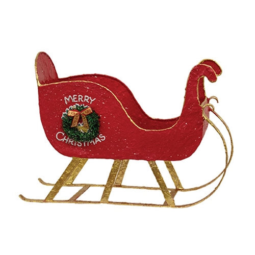 Distressed Red Metal Merry Christmas Sleigh w/Wreath
