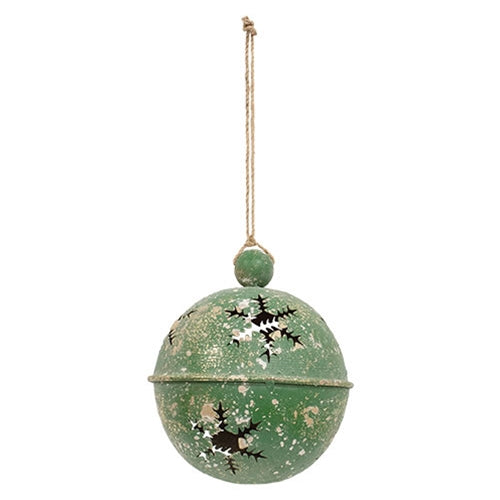 Gleaming Distressed Green Metal Snowflake Jingle Bell - 5" x 7.25
