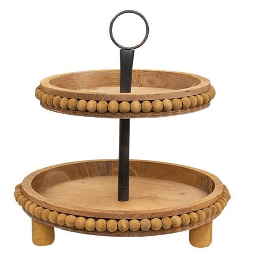 Natural Wood Beaded Two-Tiered Tray