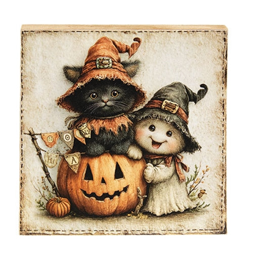 Witchy Kitten and Ghost Block - 6" Sq.
