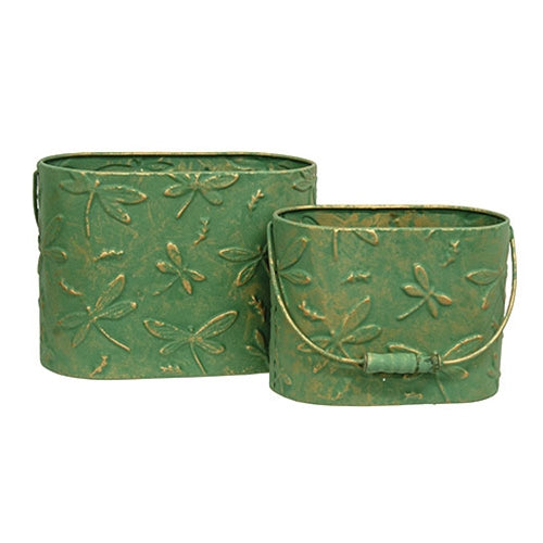 2/Set - Dragonfly Embossed Distressed Green Metal Oval Buckets