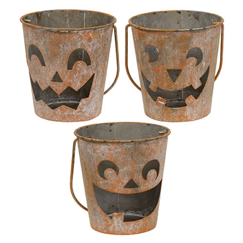 Distressed Metal Jack O Lantern Luminary Bucket - 3 Asstd