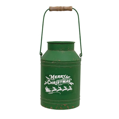 Distressed Green Metal Merry Christmas Santa & Reindeer Milk Can