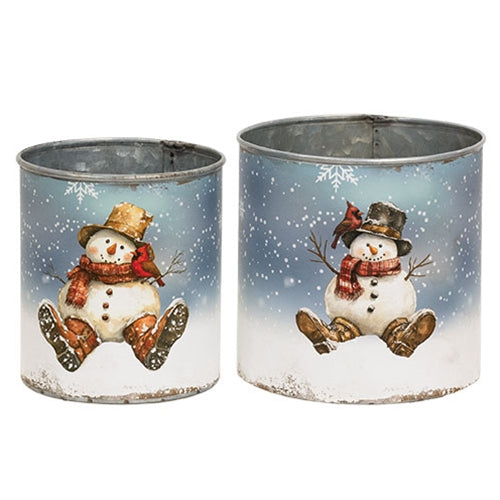 2/Set - Distressed Metal Snowman Cans