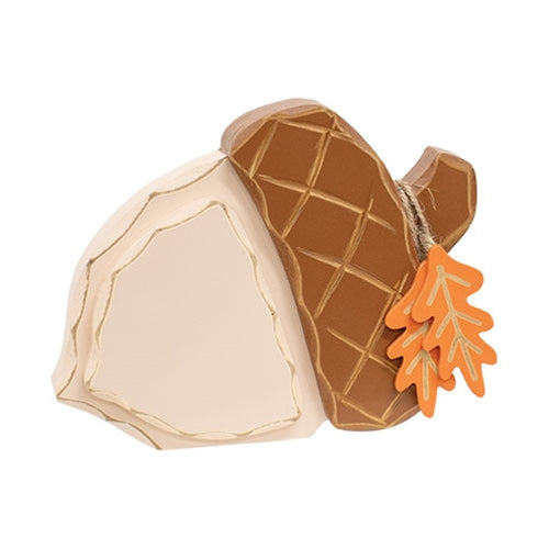 Distressed Chunky Wooden Acorn w/Leaves Sitter
