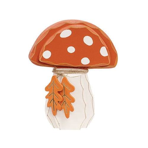 Distressed Chunky Wooden Mushroom w/Leaves Sitter