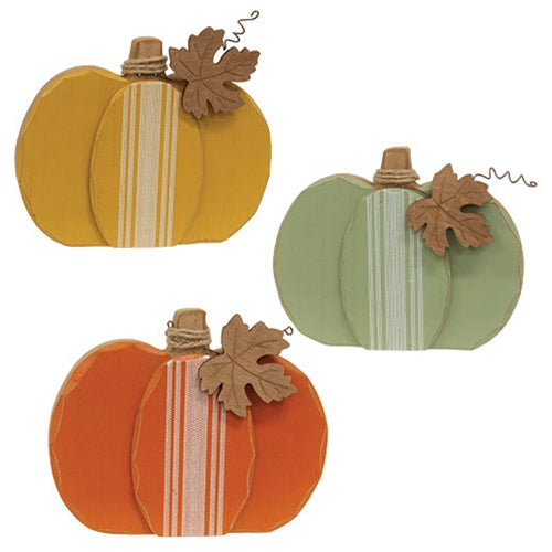 Distressed Chunky Wooden Feed Sack Stripe Pumpkin w/Leaves Sitter - 3 Asstd.