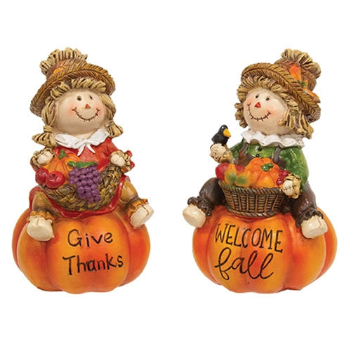 Resin Fall Bounty Scarecrow on Pumpkin Figure - 2 Asstd.