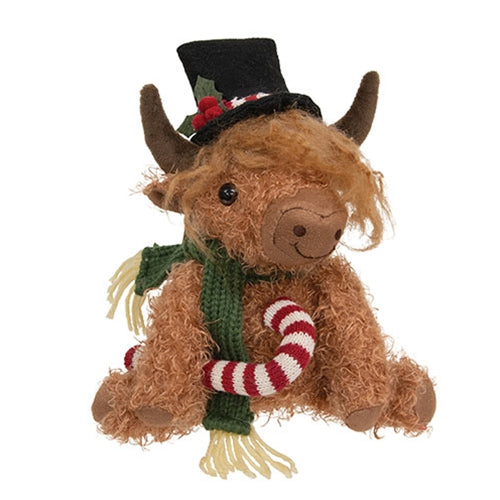 Sitting Highland Cow w/ Candy Cane