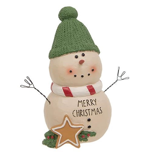 Merry Christmas Resin Snowman w/Green Hat
