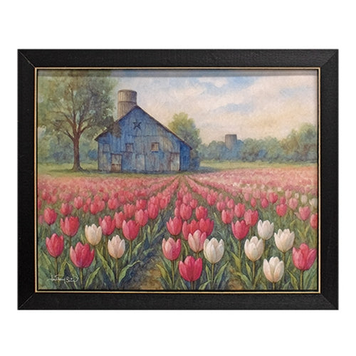 Blue Barn With Tulip Field Framed Print - 10x8