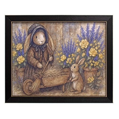Bunny Mama and Baby With Flowers Framed Print - 10x8
