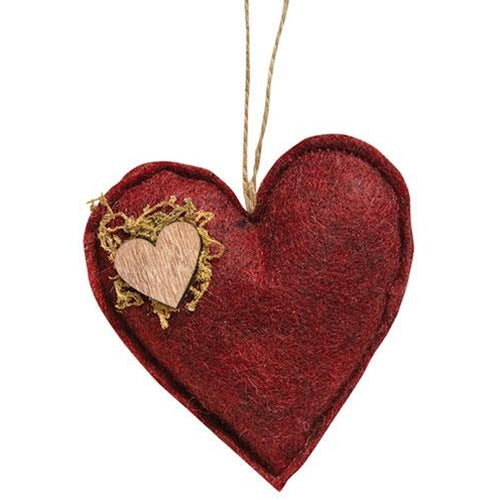 Red Felt Heart Ornament w/Wooden Heart Accent