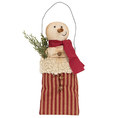 Stuffed Jingle Snowman With Pine In Ticking Stripe Sack Hanger
