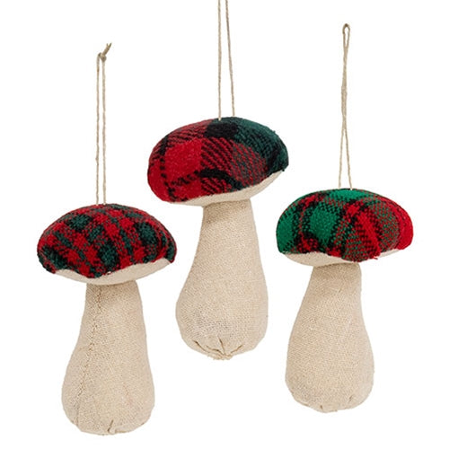 3/Set - Stuffed Red & Green Plaid Mushroom Ornaments