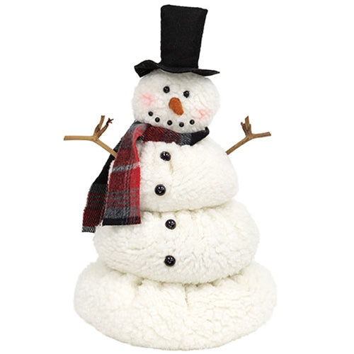 White Sherpa Melting Snowman w/Top Hat & Plaid Scarf - 12"H