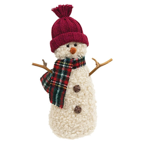 Burgundy Hat Snowman w/Green & Red Plaid Scarf - 9.5"H