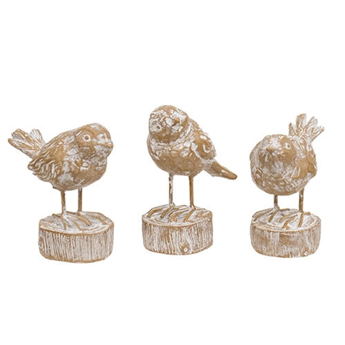 Carved Wood Look Resin Whitewashed Bird on Stump 3 Asstd.