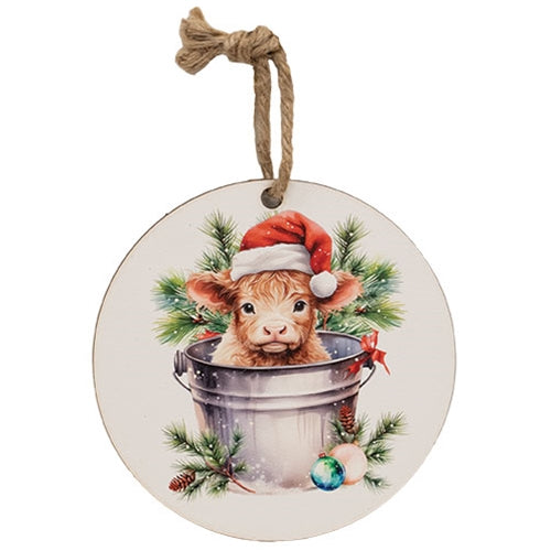 Baby Santa Highland in a Bucket Ornament - 5" Dia.