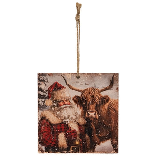 Woodland Santa & Highland Ornament - 4" Sq.