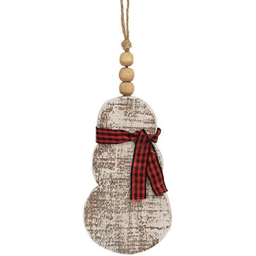 Rustic Wood Beaded Snowman w/Scarf Ornament