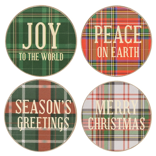 5/Set - Wooden Plaid Christmas Coasters w/Holder