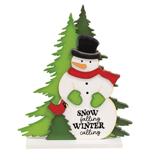 Snow Falling Winter Calling Wooden Snowman on Base