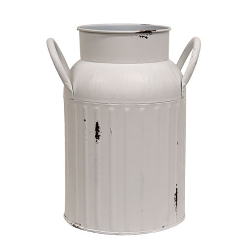 Distressed White Ribbed Metal Milk Can - 8"H