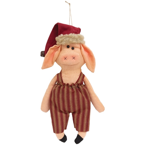 Stuffed Santa Pig In Ticking Stripe Overalls Hanger