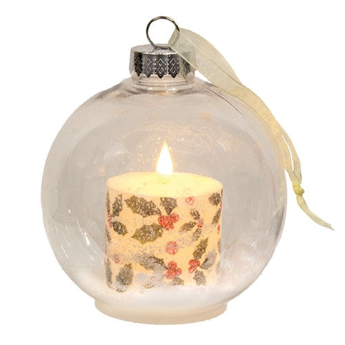 Ball Ornament w/Sparkling Holly & Berries LED Candle