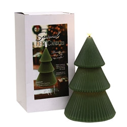 Dark Green Wax Christmas Tree LED Timer Candle - 7-1/4 In H