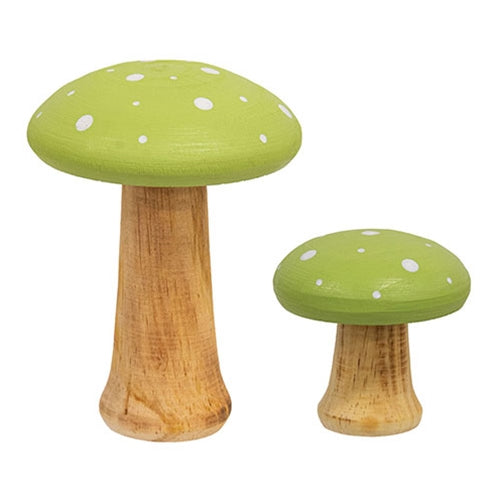2/Set White Dotted Green Wooden Mushrooms