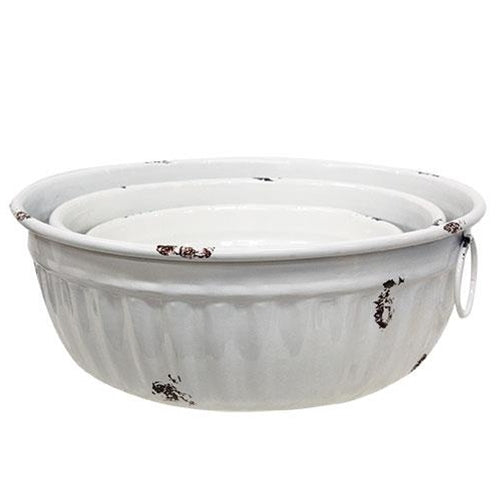 3/Set Distressed White Metal Bowls w/Handles