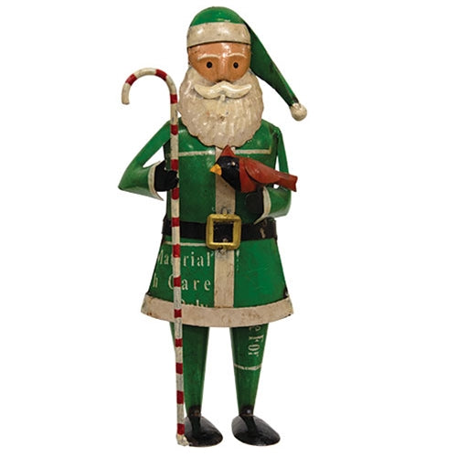 Recycled Metal Green Coat Candy Cane Santa With Cardinal