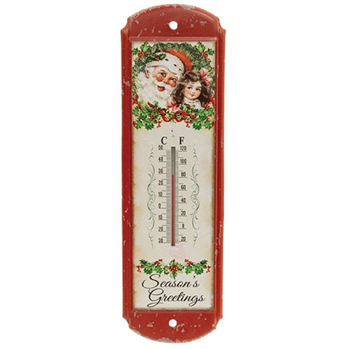Vintage Santa & Child Distressed Metal Thermometer