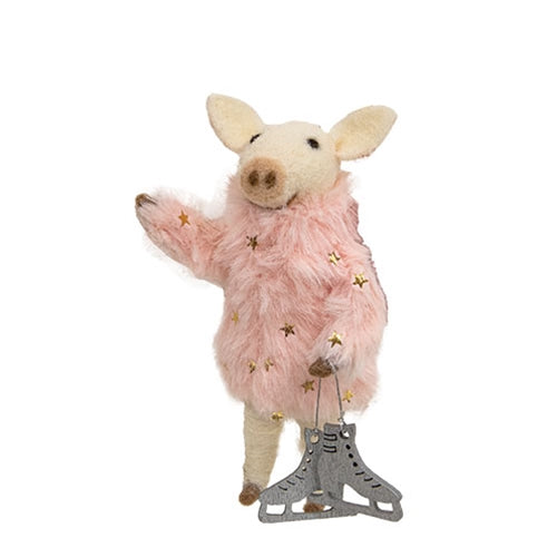 Pink Fur Skater Pig Felted Ornament