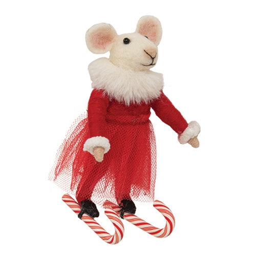 Candy Cane Skiing Mouse Felted Ornament