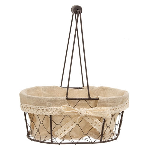 Fabric Lined Chicken Wire Oval Basket w/Lace Bow & Handle