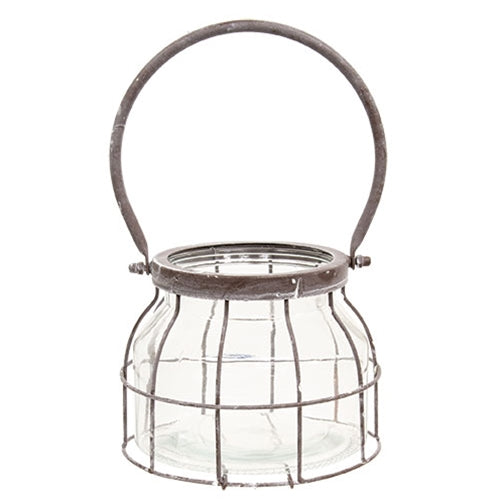 Glass Jar In Graywashed Metal Carrier - 6.75" Dia. x 5"H