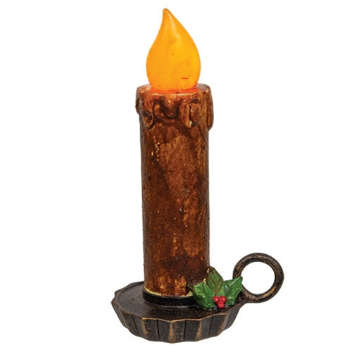 Chunky Primitive Brown Chamberstick Candle With Holly