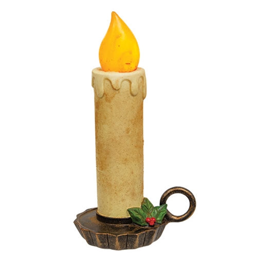 Chunky Burnt Ivory Chamberstick Candle With Holly