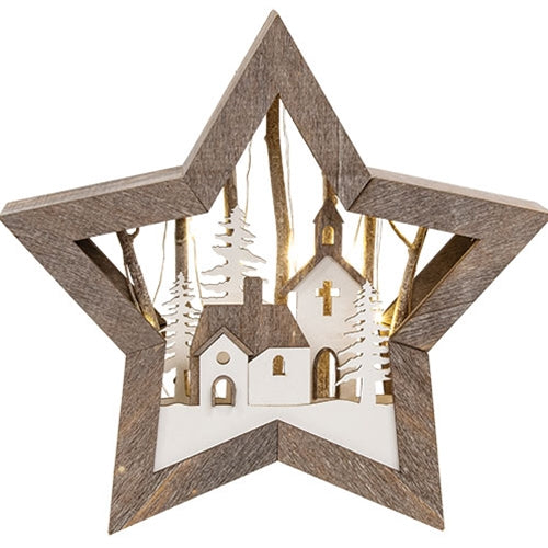 Wooden LED Star w/Church Scene
