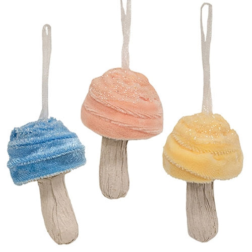 Pastel Velvet Glittered Mushroom Ornament - 3 Asstd.